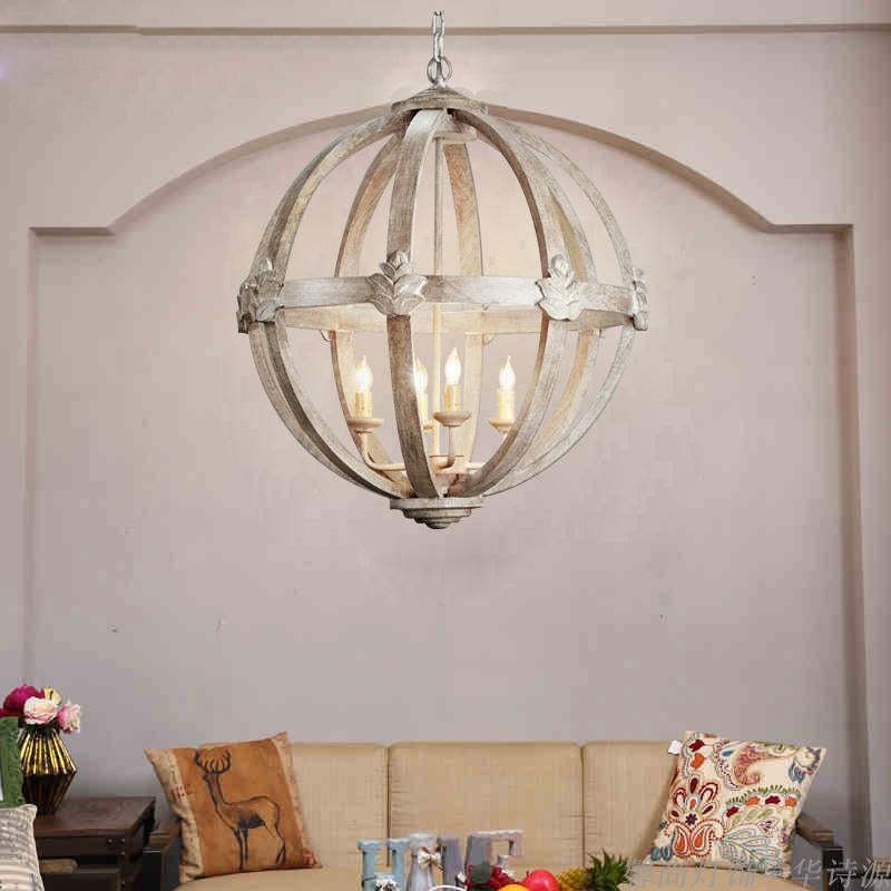 4-Bulb Hanging Lamp Kit Rustic Bedroom Candle Pendant Chandelier with Spherical Wood Shade