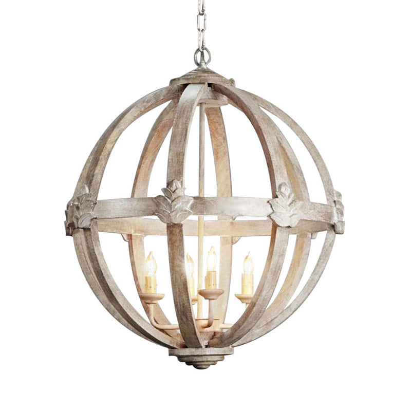 4-Bulb Hanging Lamp Kit Rustic Bedroom Candle Pendant Chandelier with Spherical Wood Shade