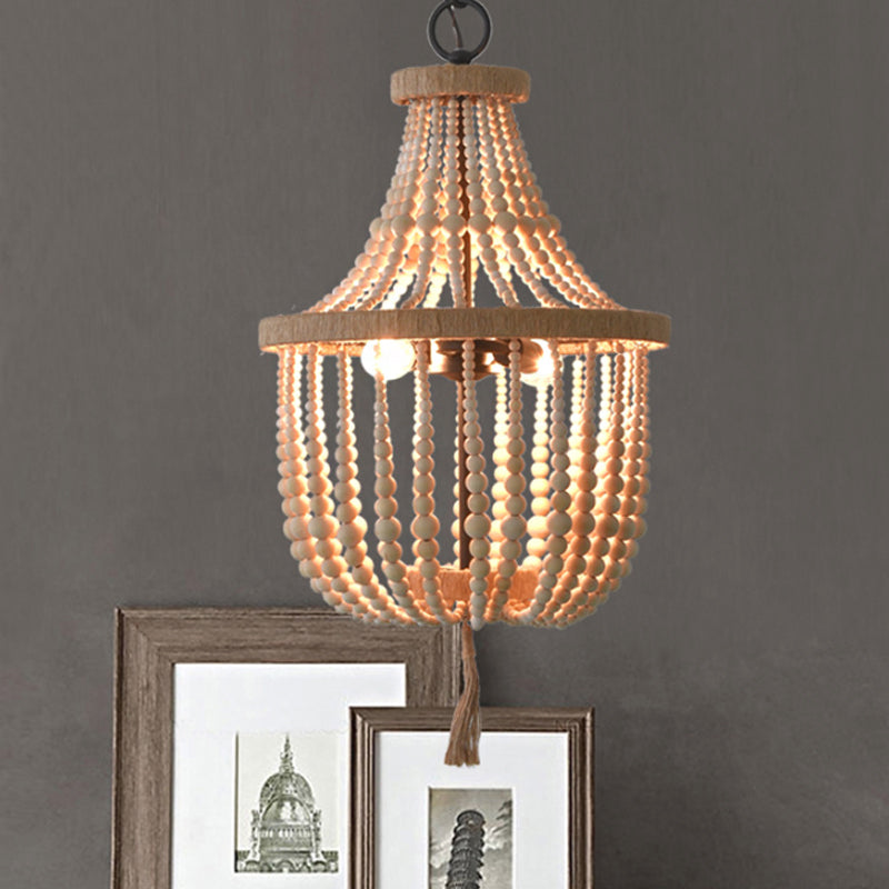 Rural Beaded Basket Chandelier Lamp 2-Head Wood Pendant Light Fixture for Restaurant