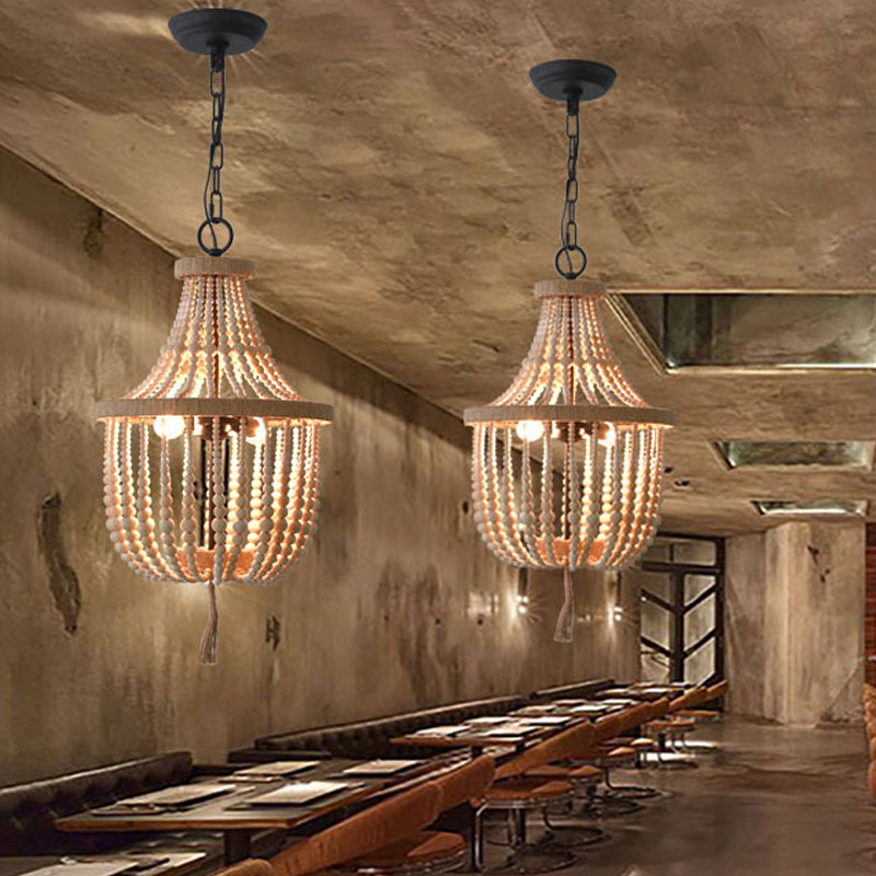 Rural Beaded Basket Chandelier Lamp 2-Head Wood Pendant Light Fixture for Restaurant