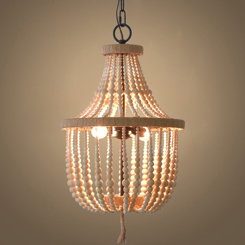 Rural Beaded Basket Chandelier Lamp 2-Head Wood Pendant Light Fixture for Restaurant