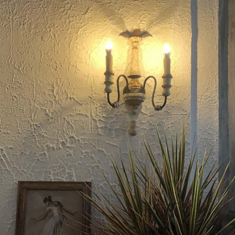 2 Bulbs Wood Wall Mount Light Traditional Distressed White Curved Arm Living Room Wall Lighting with Column Backplate