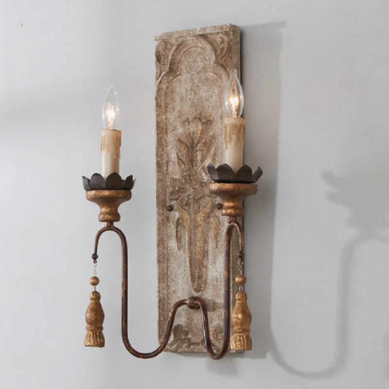 Country Swooping Arm Wall Sconce 2 Bulbs Metal Wall Mount Light Fixture in White with Wood Backplate