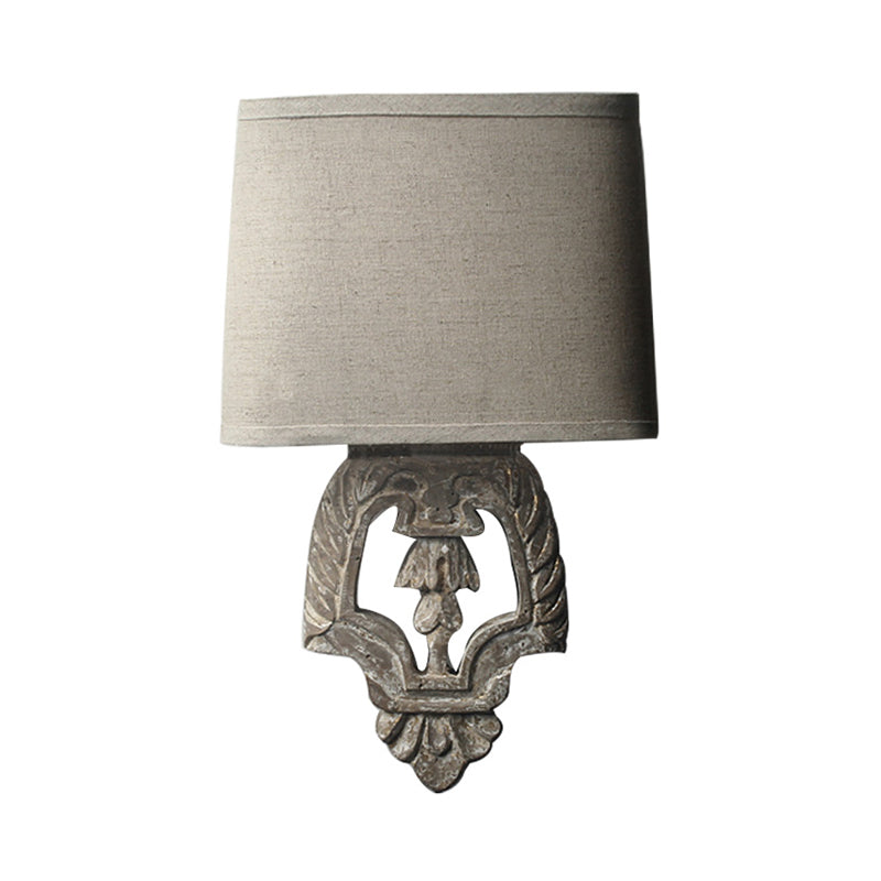 Square Fabric Wall Light Fixture Country 1 Light Corridor Wall Lamp Sconce in Brown with Carved Backplate
