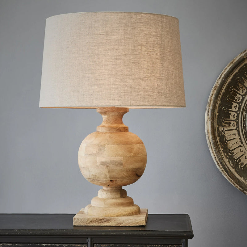 Ronde stof tafellamp klassiek 1 lichte slaapkamer nachtkastje licht met kogelhoutbasis