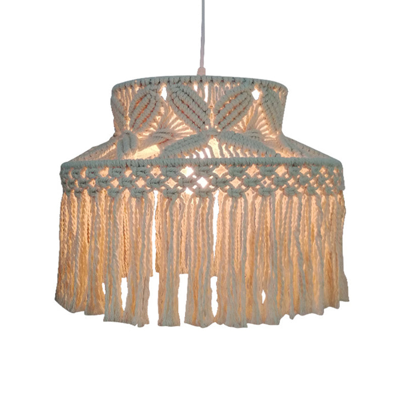 1-Bulb Barn Pendant Light Traditional Beige Hemp Rope Suspension Lighting Fixture with Tassel Fringe