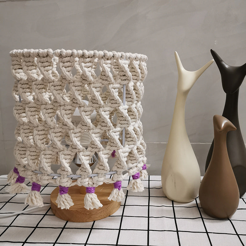 Luce notturna in corda intrecciata a 1 bulbina tradizionale tradizionale cilindro giallo camera da letto in legno