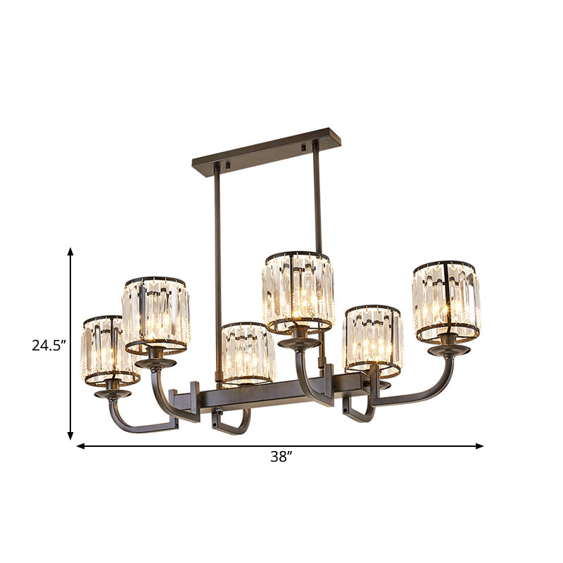 Cylinder Dining Room Island Light Fixture Classic Faceted Crystal 7 Heads Black Pendant Lamp