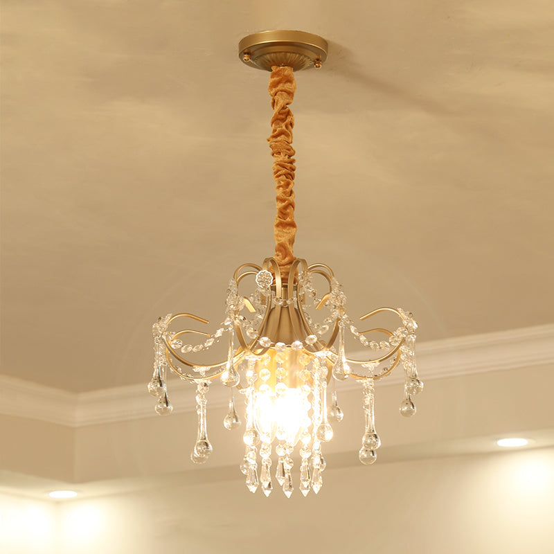 Brass 3 Bulbs Chandelier Light Fixture Traditional Metal Curved Pendant Lamp with Crystal Draping