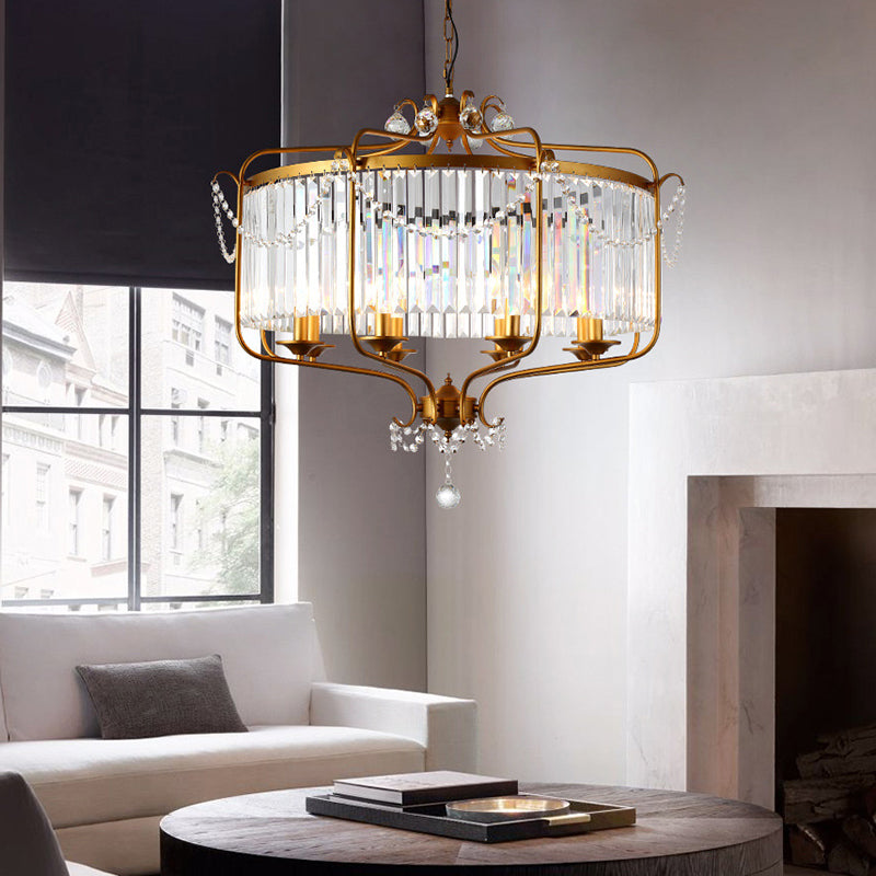 Faceted Crystal Chandelier Lamp Round Countryside Pendant Light Kit with Wire Cage for Living Room