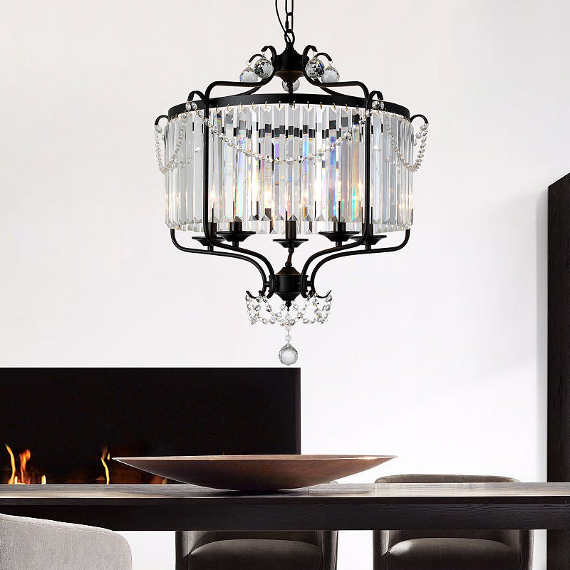 Faceted Crystal Chandelier Lamp Round Countryside Pendant Light Kit with Wire Cage for Living Room