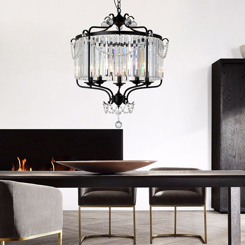 Faceted Crystal Chandelier Lamp Round Countryside Pendant Light Kit with Wire Cage for Living Room