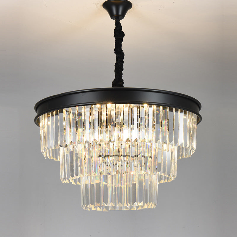 12 Heads Tiered Round Pendulum Light Country Black Finish Faceted Crystal Chandelier Lighting