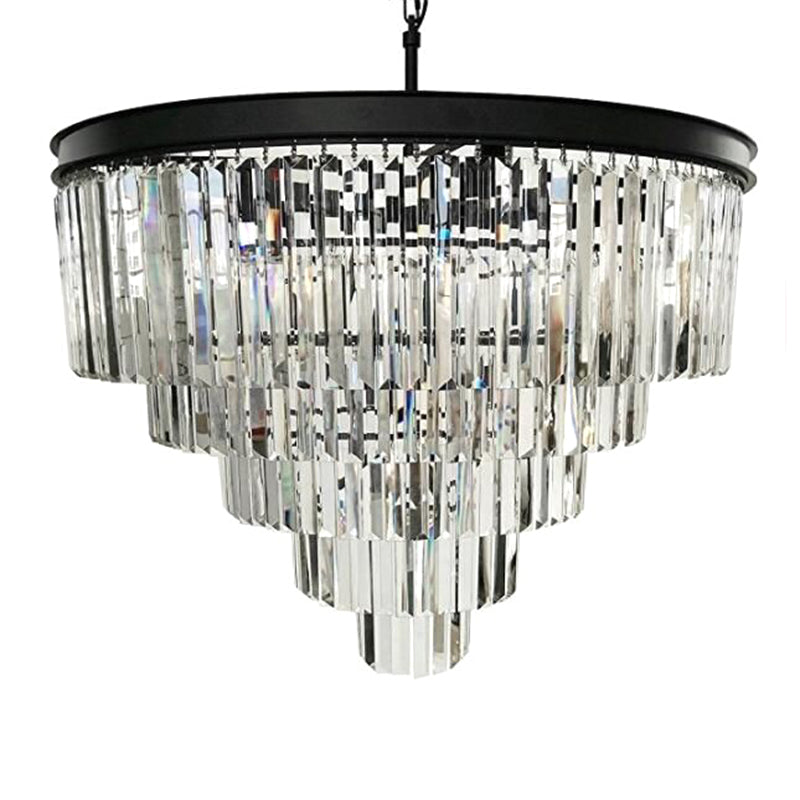 12 Heads Tiered Round Pendulum Light Country Black Finish Faceted Crystal Chandelier Lighting