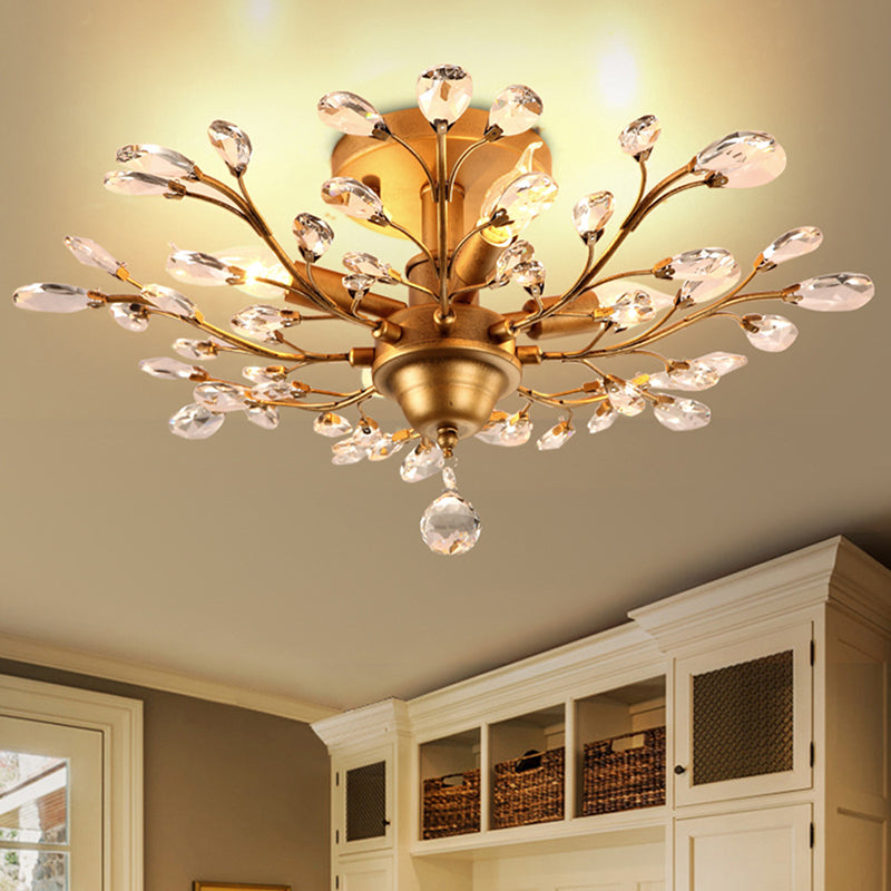 4 Bulbs Clear Crystal Semi Flush Traditional Branching Bedroom Ceiling Mounted Fixture