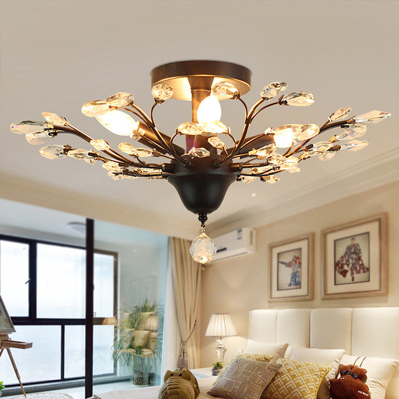 4 Bulbs Clear Crystal Semi Flush Traditional Branching Bedroom Ceiling Mounted Fixture