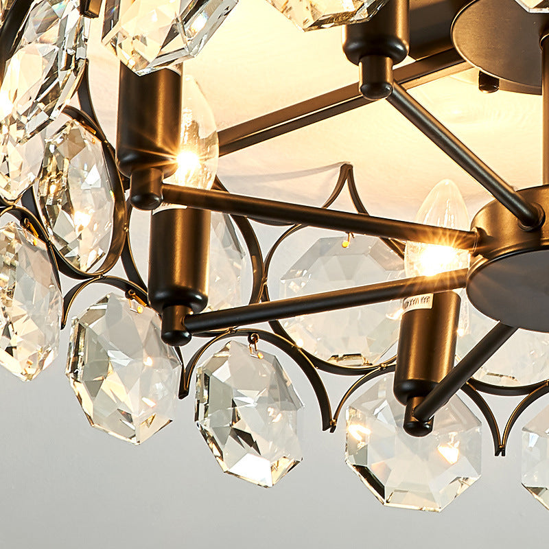 Round Dining Room Semi Flush Light Fixture Classic Crystal Embedded 8 Heads Black Ceiling Lamp