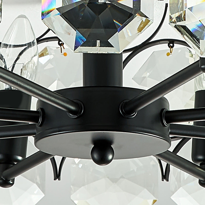 Round Dining Room Semi Flush Light Fixture Classic Crystal Embedded 8 Heads Black Ceiling Lamp