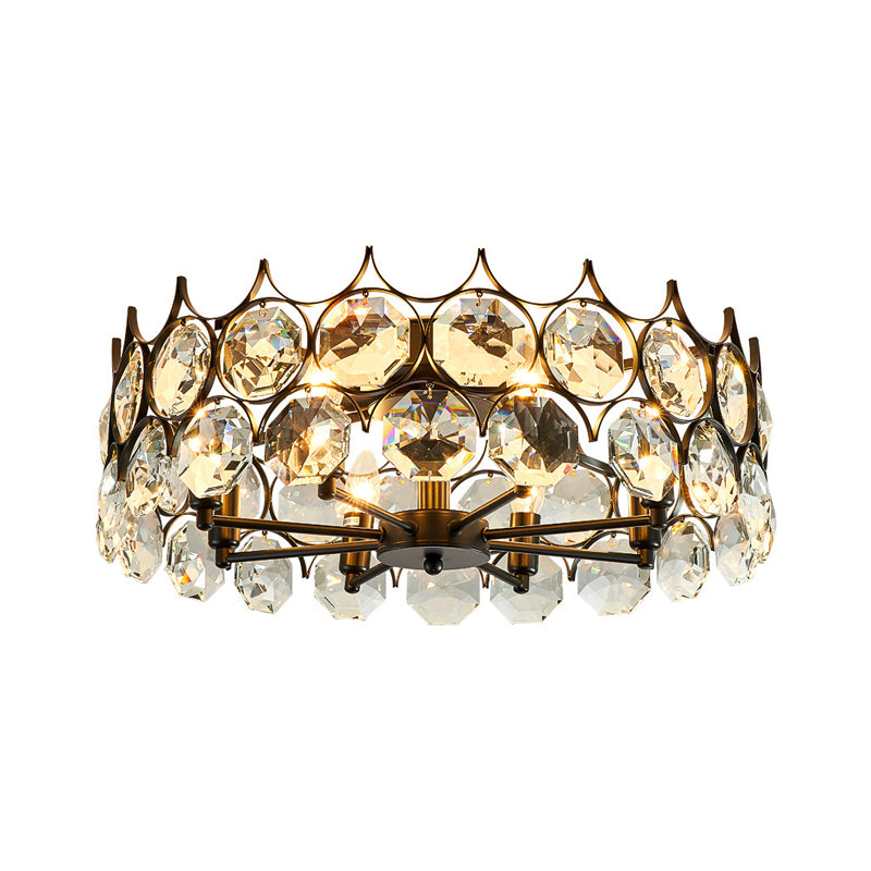 Round Dining Room Semi Flush Light Fixture Classic Crystal Embedded 8 Heads Black Ceiling Lamp