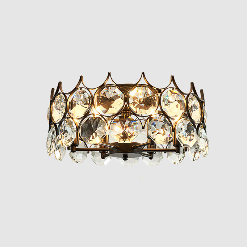 Round Dining Room Semi Flush Light Fixture Classic Crystal Embedded 8 Heads Black Ceiling Lamp