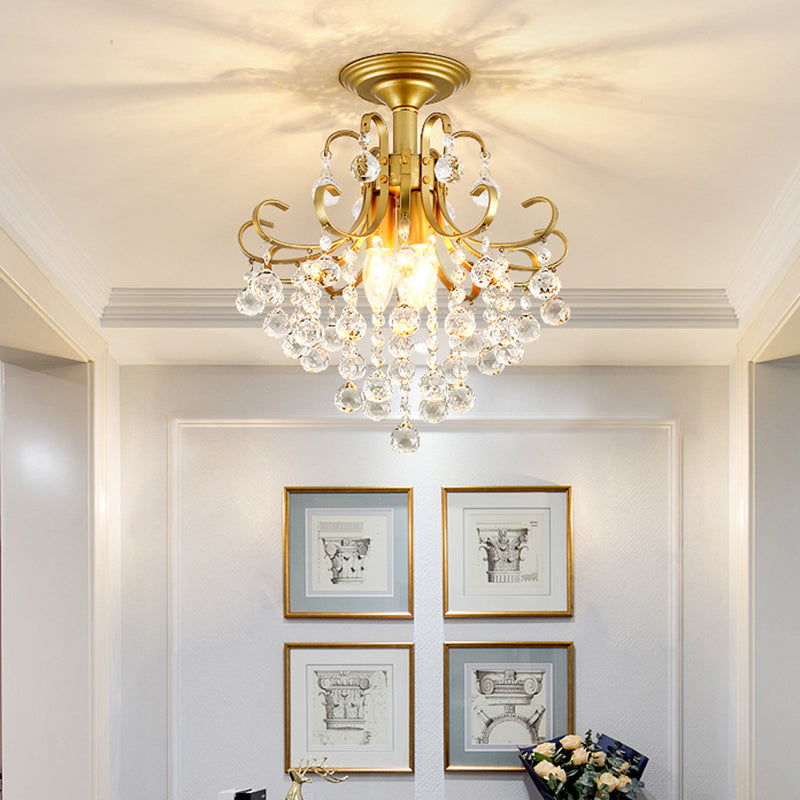 Farmhouse Bent Arm Frame Ceiling Light 3 Lights Metal Semi Flush Mount with Crystal Droplet