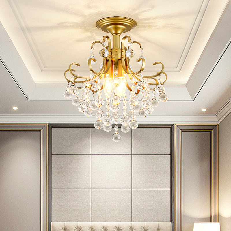 Farmhouse Bent Arm Frame Ceiling Light 3 Lights Metal Semi Flush Mount with Crystal Droplet