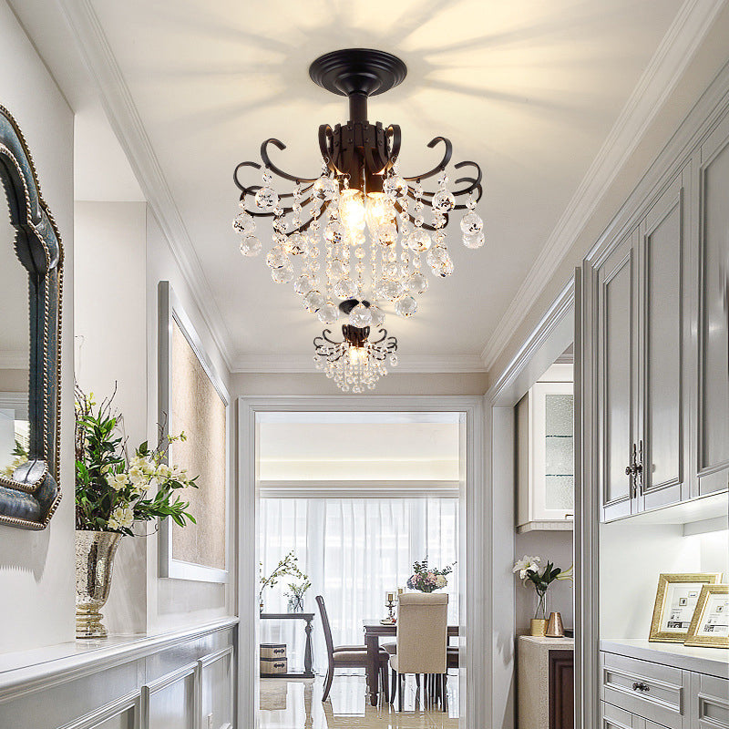 Farmhouse Bent Arm Frame Ceiling Light 3 Lights Metal Semi Flush Mount with Crystal Droplet