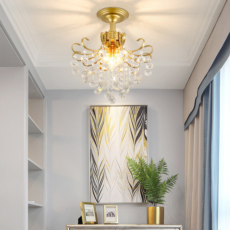 Farmhouse Bent Arm Frame Ceiling Light 3 Lights Metal Semi Flush Mount with Crystal Droplet