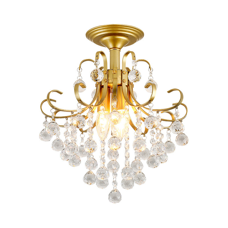 Farmhouse Bent Arm Frame Ceiling Light 3 Lights Metal Semi Flush Mount with Crystal Droplet