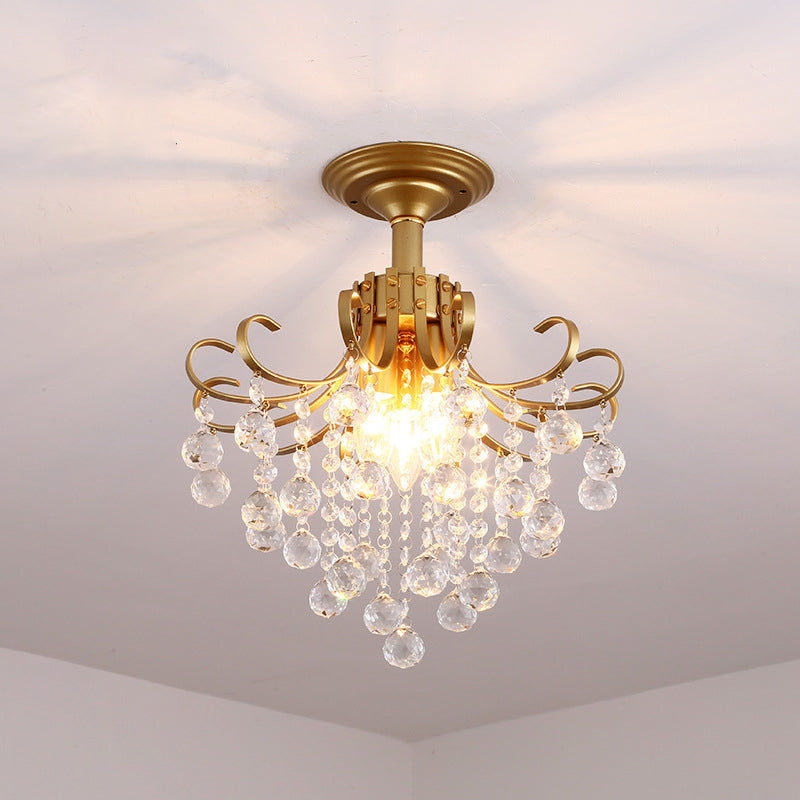 Farmhouse Bent Arm Frame Ceiling Light 3 Lights Metal Semi Flush Mount with Crystal Droplet