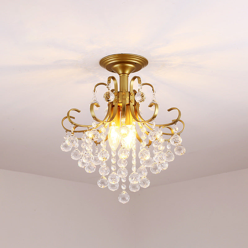 Farmhouse Bent Arm Frame Ceiling Light 3 Lights Metal Semi Flush Mount with Crystal Droplet