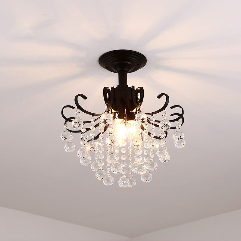 Farmhouse Bent Arm Frame Ceiling Light 3 Lights Metal Semi Flush Mount with Crystal Droplet
