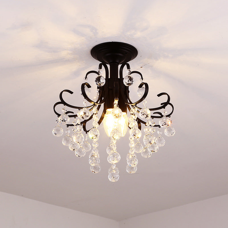 Farmhouse Bent Arm Frame Ceiling Light 3 Lights Metal Semi Flush Mount with Crystal Droplet