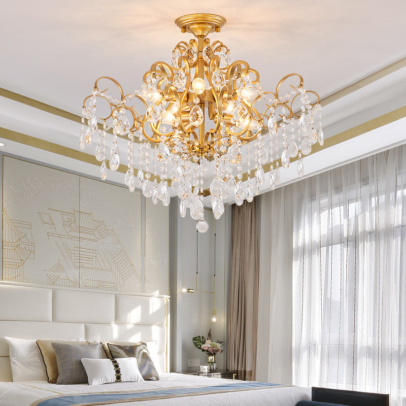 Classic Scrolled Arm Semi Flush Light Metal Ceiling Lighting in Brass with Crystal Draping