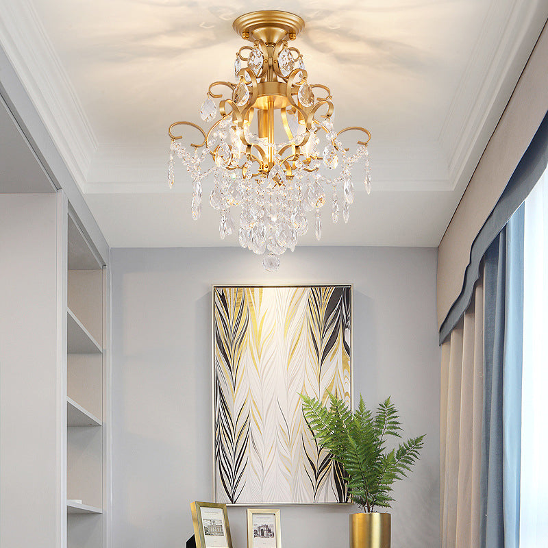 Classic Scrolled Arm Semi Flush Light Metal Ceiling Lighting in Brass with Crystal Draping