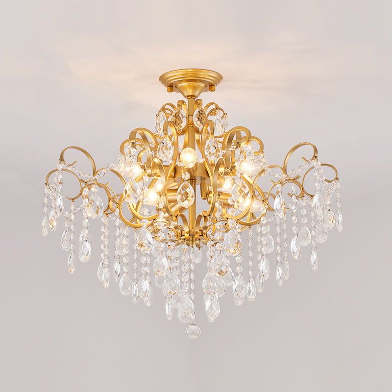 Classic Scrolled Arm Semi Flush Light Metal Ceiling Lighting in Brass with Crystal Draping