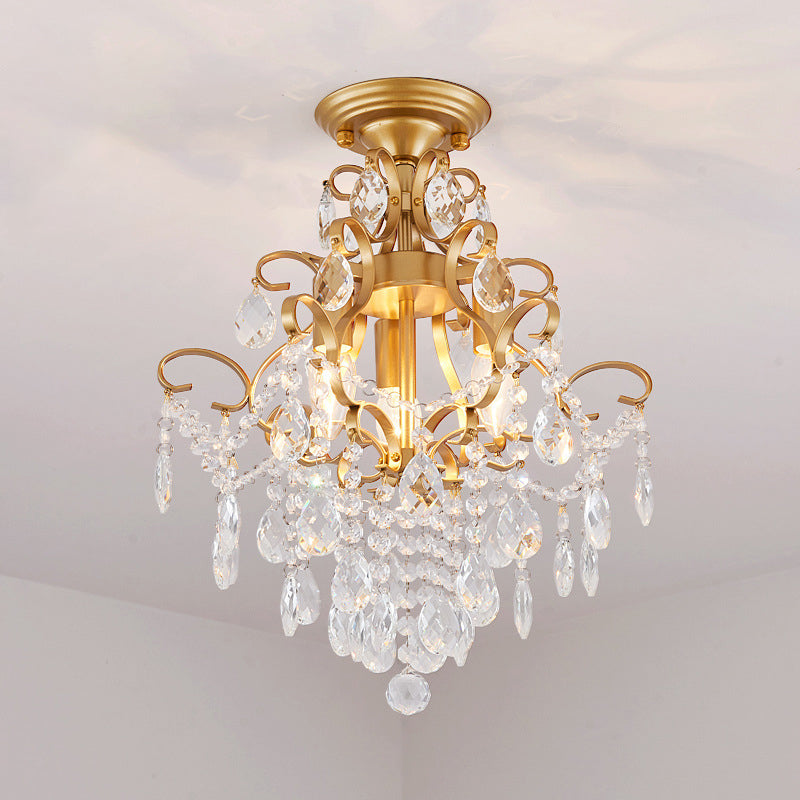 Classic Scrolled Arm Semi Flush Light Metal Ceiling Lighting in Brass with Crystal Draping