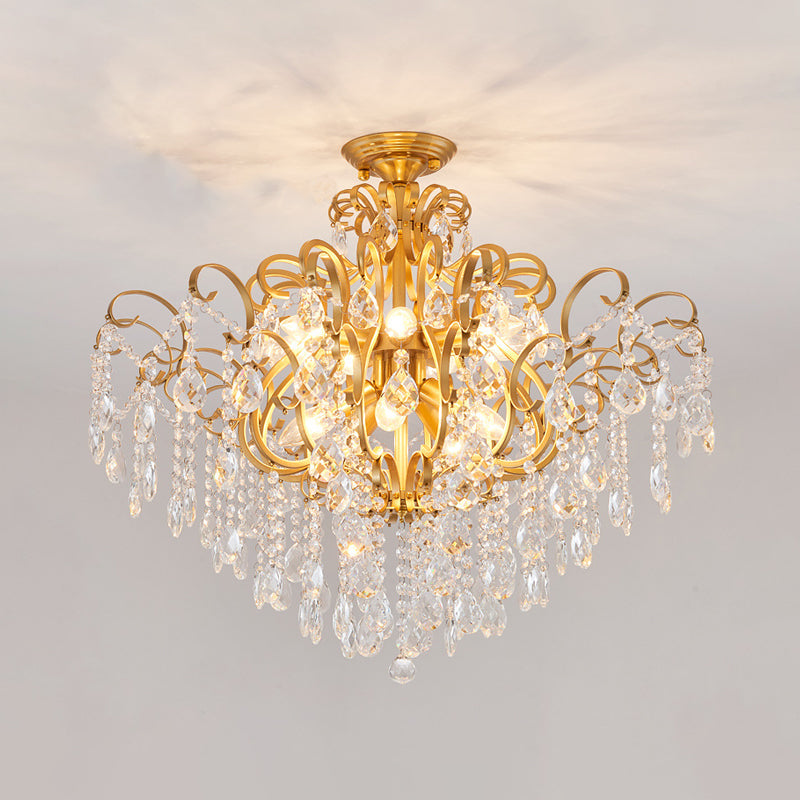 Classic Scrolled Arm Semi Flush Light Metal Ceiling Lighting in Brass with Crystal Draping