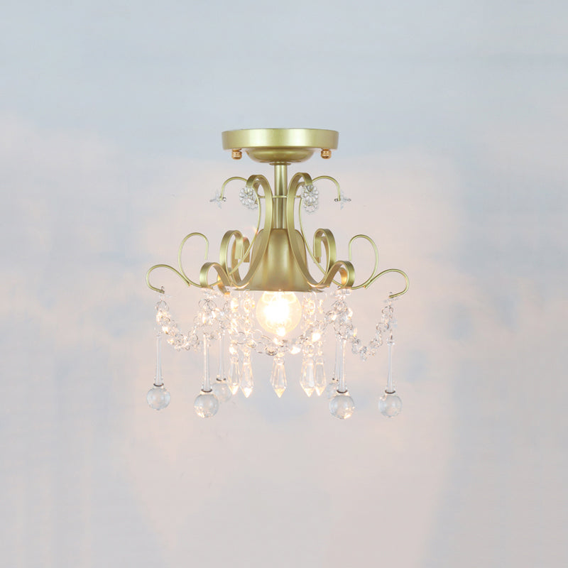Metal Geometrical Semi Flush Traditional 1 Light Corridor Crystal Ceiling Mounted Fixture in Brass