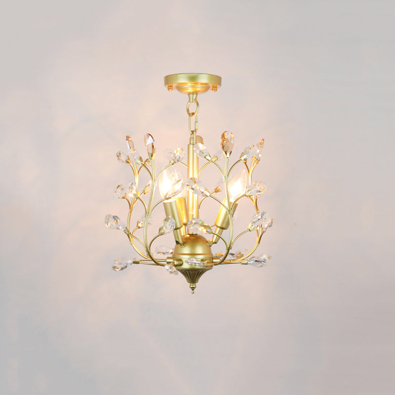 Metal Geometrical Semi Flush Traditional 1 Light Corridor Crystal Ceiling Mounted Fixture in Brass