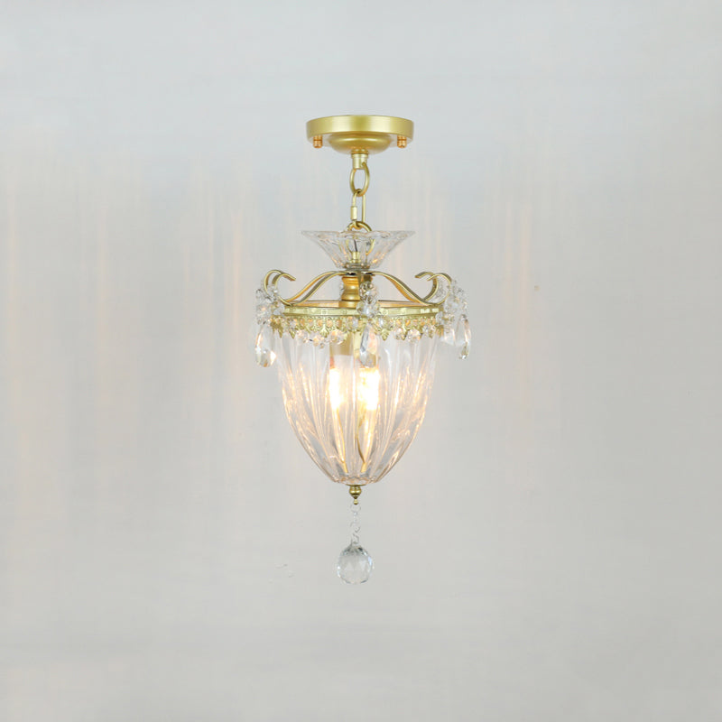 Metal Geometrical Semi Flush Traditional 1 Light Corridor Crystal Ceiling Mounted Fixture in Brass