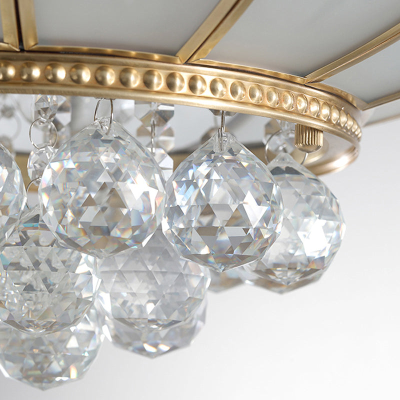 Farmhouse Bowl Semi Flush Mount Light Frosted Glass Ceiling Lighting in Brass with Orb Crystal Accent