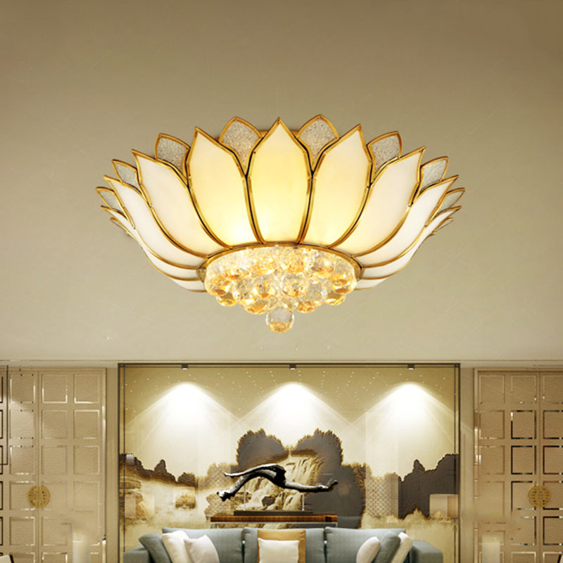 Éclairage semi-monté Lotus en verre givré, plafond de chambre à coucher rurale en laiton avec gouttelette de cristal