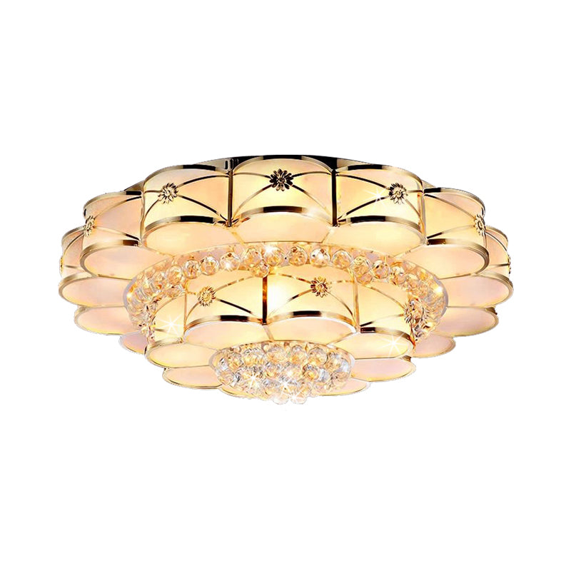 Blossom Frosted Glass Flush Light Fixture Traditional Bedroom Massimale Illuminazione in Gold con Dangling Crystal