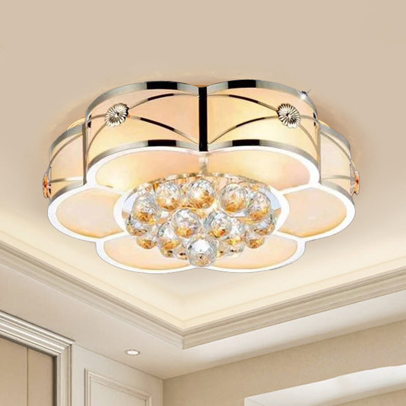 Blossom Frosted Glass Flush Light Fixture Traditional Bedroom Massimale Illuminazione in Gold con Dangling Crystal