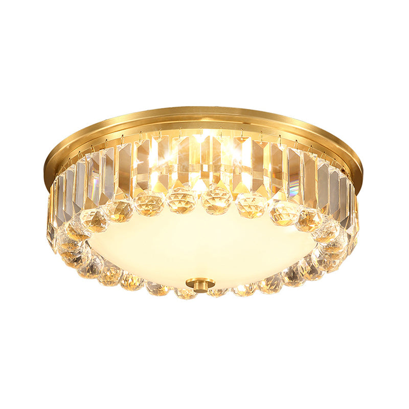 LED Flush Ceiling Light Country Bowl Frosted Glass Flush Mount Fixture in Brass with Round Crystal Edge