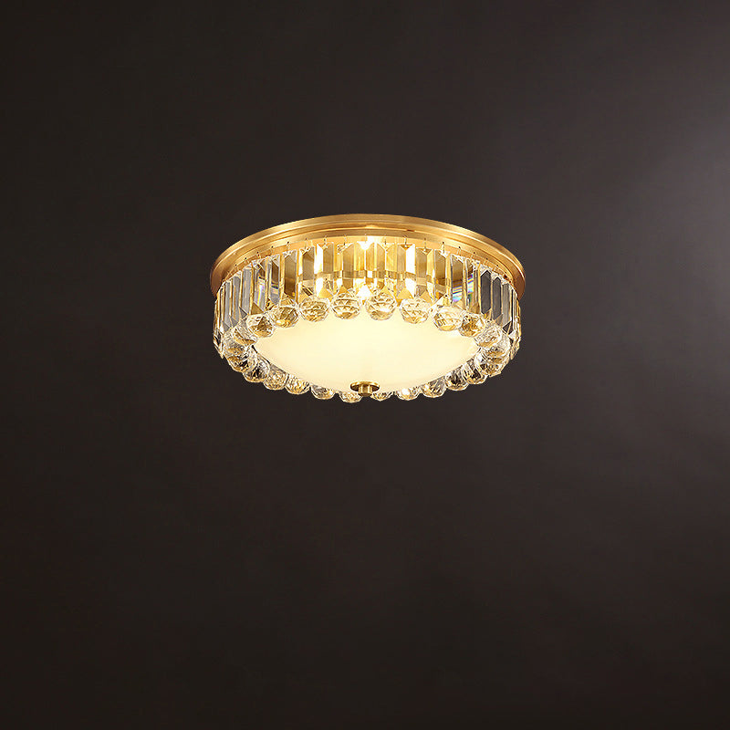 LED Flush Ceiling Light Country Bowl Frosted Glass Flush Mount Fixture in Brass with Round Crystal Edge