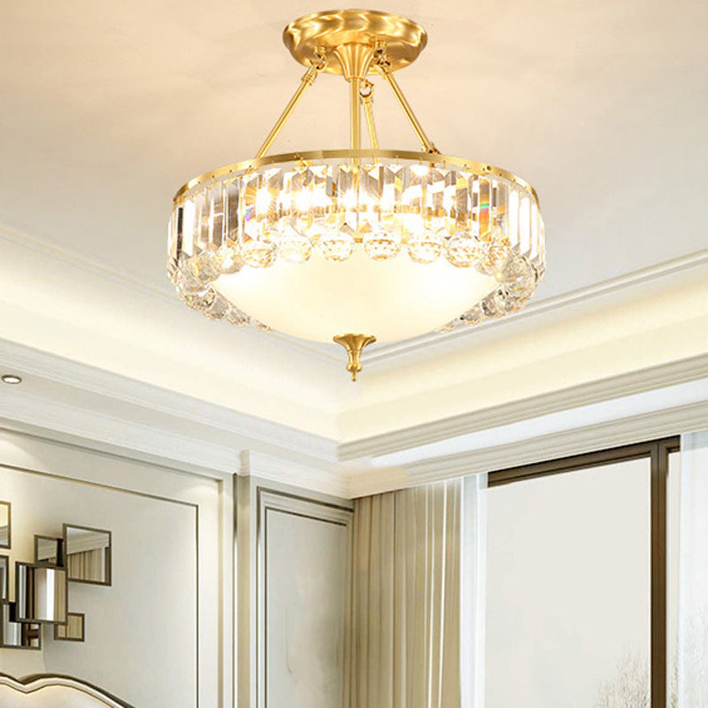 Messingkuppel halb Flush Mount Rustikale Frostglas 4 Lichter Esszimmer Deckenleuchte mit Kristallseite