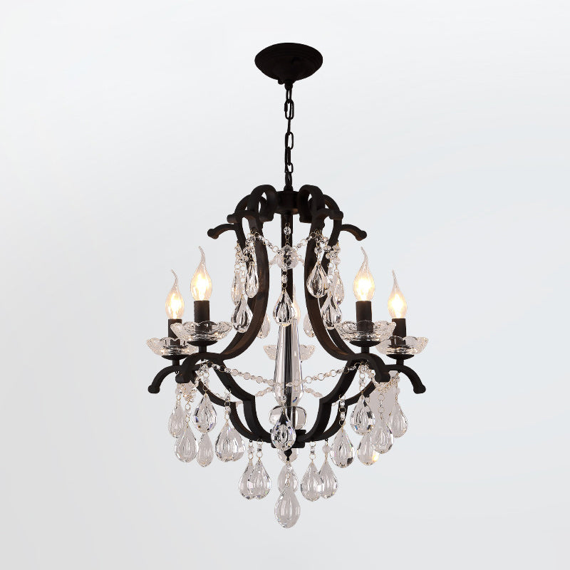 Candelabra Metal Chandelier Classic Living Room Suspension Pendant Light in Black with Crystal Accent