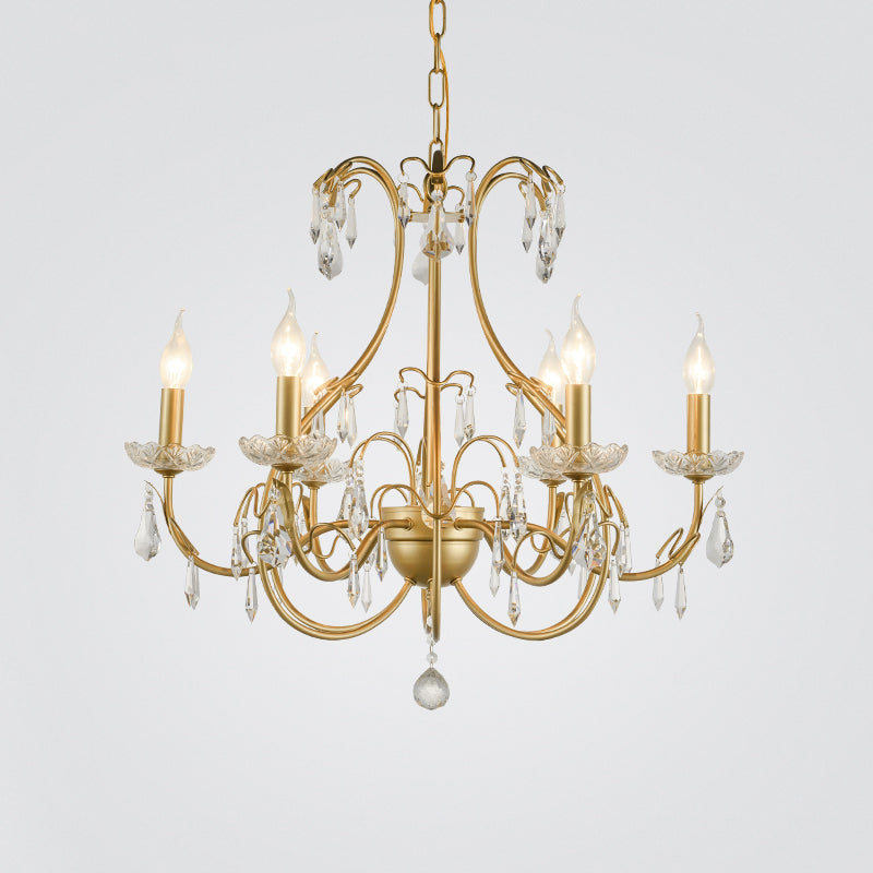 Messing Tränendrop Kronleuchter Lampe Land Metall 8 Glühbirnen Wohnzimmer Anhänger Light Kit mit baumelnden Kristall